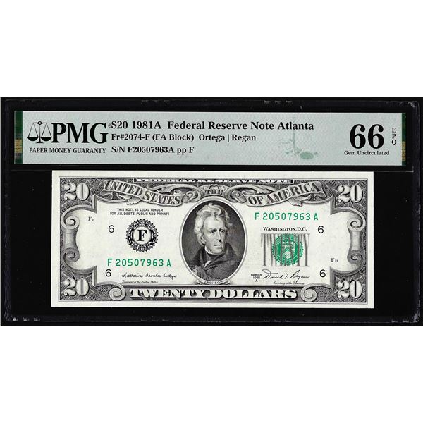 1981A $20 Federal Reserve Note Atlanta Fr.2074-F PMG Gem Uncirculated 66EPQ
