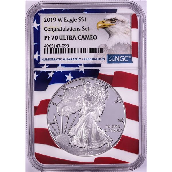 2019-W $1 Proof American Silver Eagle Coin NGC PF70 Ultra Cameo Congratulations Flag