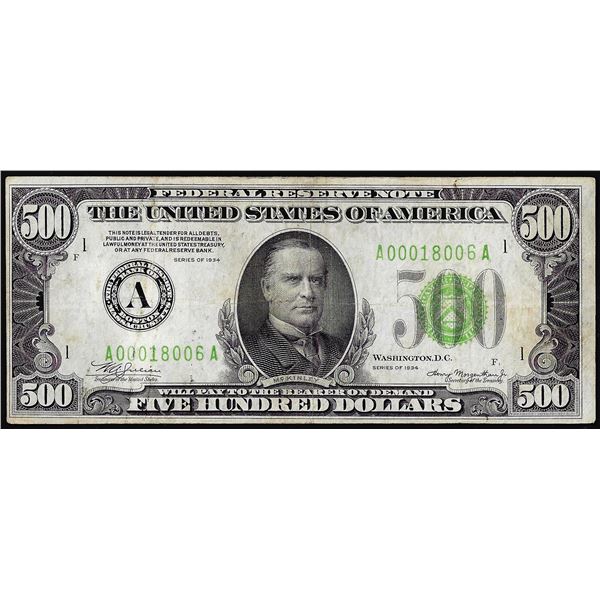 1934 $500 Federal Reserve Note Boston Light Green Seal