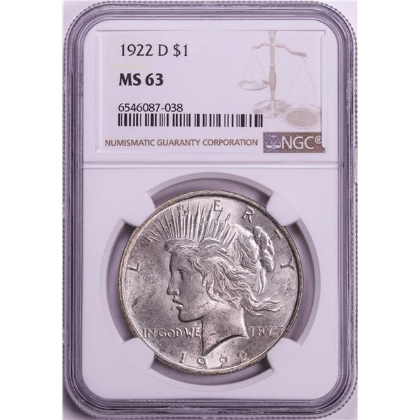 1922-D $1 Peace Silver Dollar Coin NGC MS63