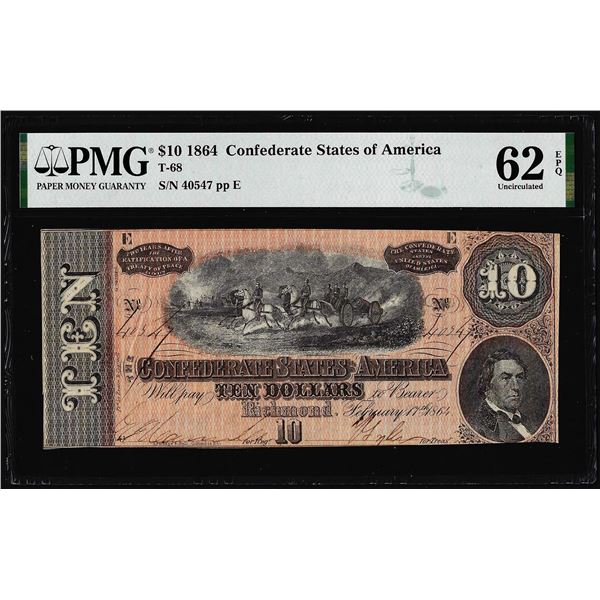 1864 $10 Confederate States of America Note T-68 PMG Uncirculated 62EPQ