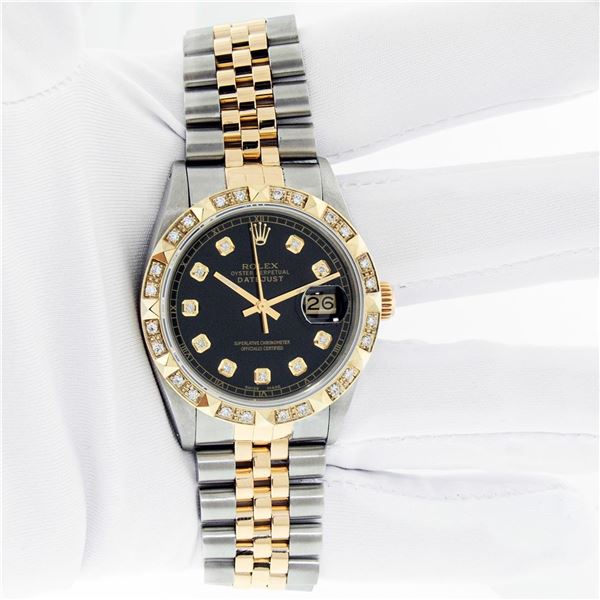 Rolex Men's Two Tone Black Pyramid Diamond Datejust Wristwatch