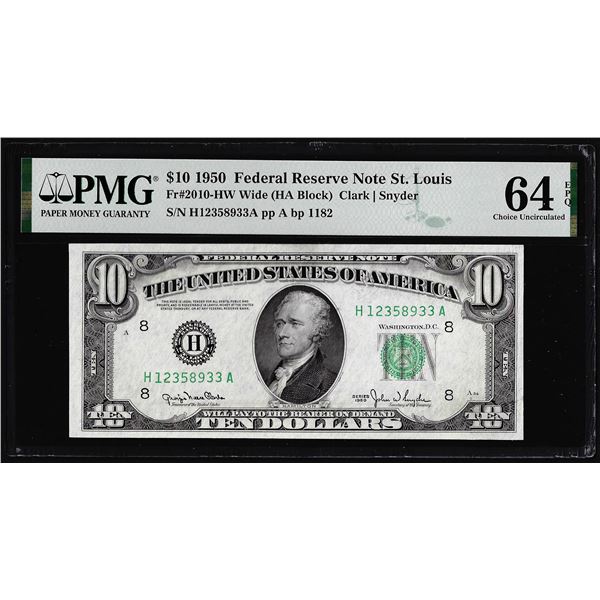 1950 $10 Federal Reserve Note St. Louis Fr.2010-HW PMG Choice Uncirculated 64EPQ