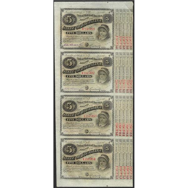Uncut Sheet of (4) State of Louisiana Baby Bond Obsolete Notes
