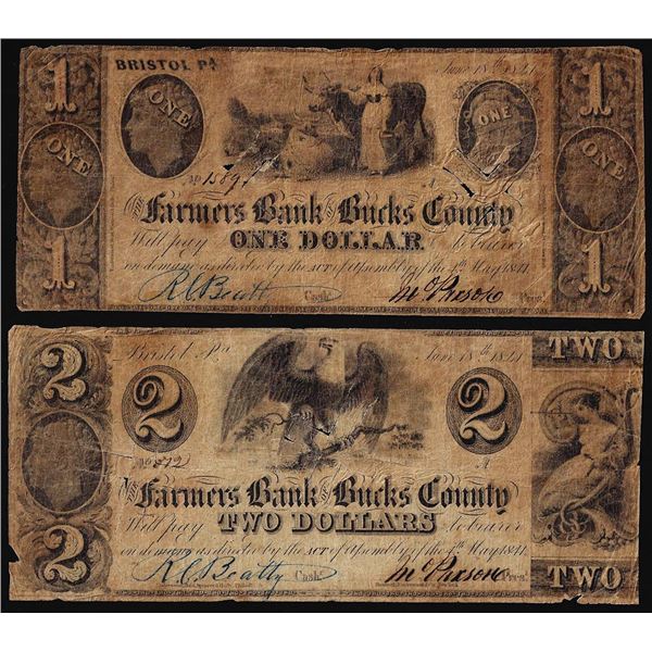 Lot of 1841 $1 & $2 Farmers Bank of Bucks County Bristol, PA Obsolete Bank Notes