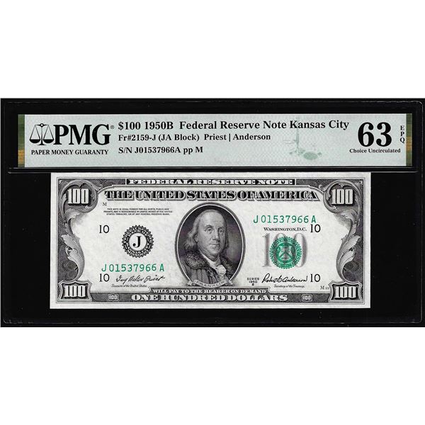 1950B $100 Federal Reserve Note Kansas City Fr.2159-J PMG Choice Uncirculated 63EPQ