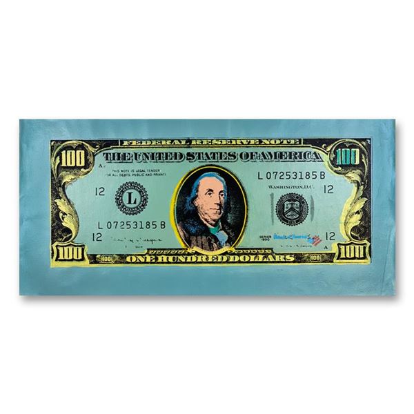 Steve Kaufman (1960-2010) "100 Dollar Old Ben Bill" Original Mixed Media On Canvas