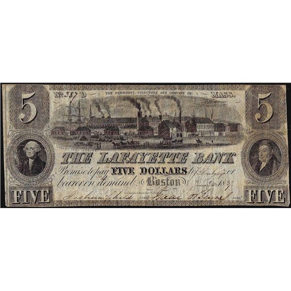 1837 $5 The Lafayette Bank Boston Obsolete Note