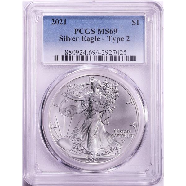 2021 Type 2 $1 American Silver Eagle Coin PCGS MS69