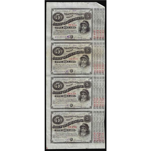 Uncut Sheet of (4) State of Louisiana Baby Bond Obsolete Notes