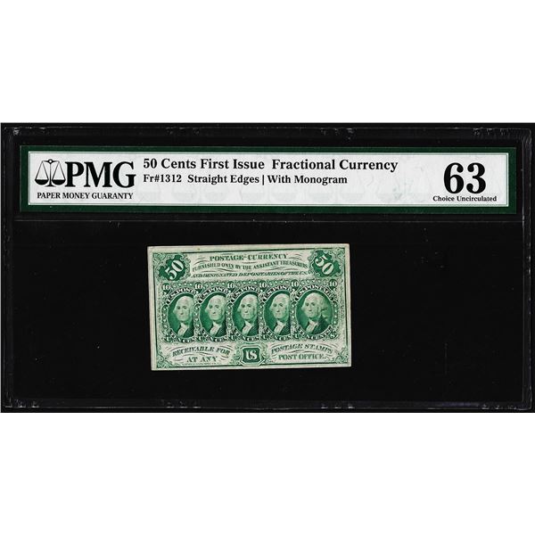 1863 First Issue Fifty Cents Fractional Note Fr.1312 PMG Choice Uncirculated 63