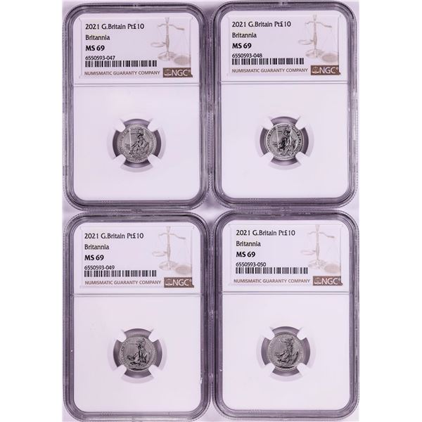 Lot of (4) 2021 Great Britain 10 Pounds Britannia 1/10oz Platinum Coins NGC MS69