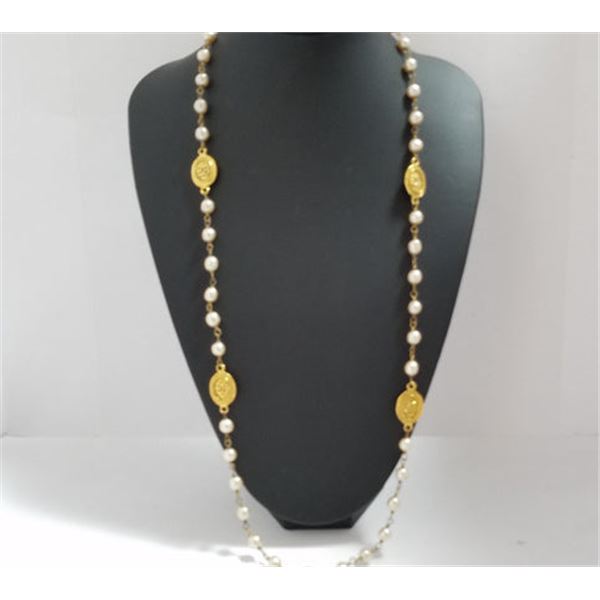 Chanel Gold-tone Metal CC Medallion Faux Pearl Long Chain Necklace