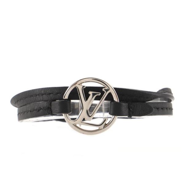 Louis Vuitton Black Leather Metal LV Round Bracelet