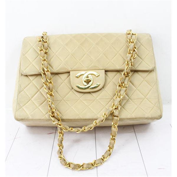 Chanel Beige Quilted Lambskin Leather Single Flap Shoulder Bag