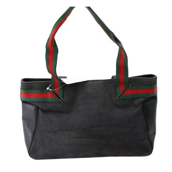 Gucci Black Denim Leather Web Sherry Line Tote Bag