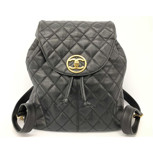Chanel Vintage Black Quilted Caviar Leather CC Drawstring Backpack