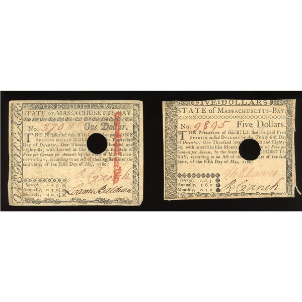 Lot of two Massachusetts notes of May 5, 1780: $5, serial 9895; $1, serial 3708, with red interest s