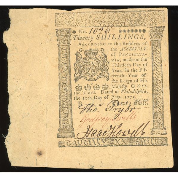 Philadelphia, Pennsylvania, 20 shillings, July 20, 1775, serial 1026.