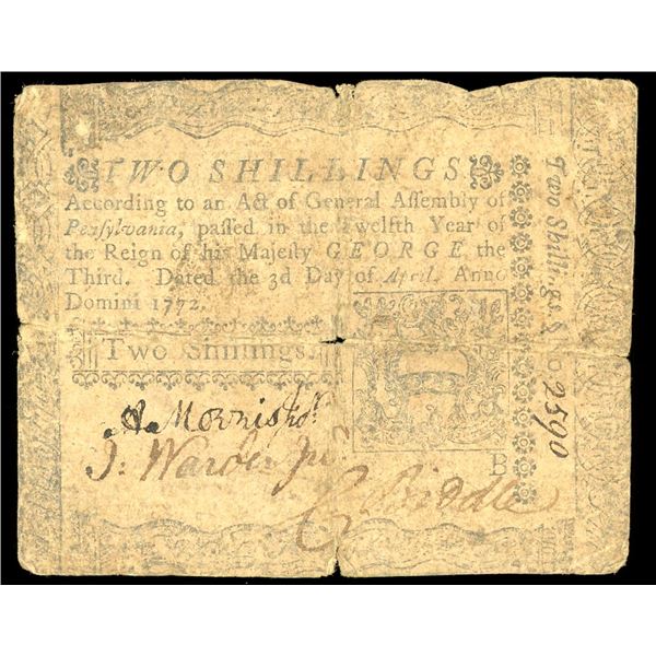 Philadelphia, Pennsylvania, 2 shillings, April 3, 1772, serial 2590.