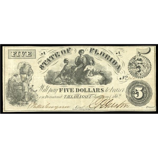 Tallahassee, Florida, $5, Jan. 1, 1862, serial 933.