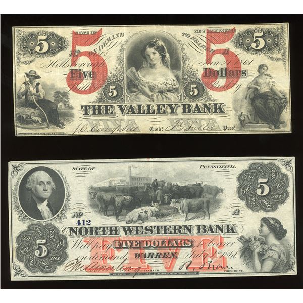 Lot of two Northern obsolete notes: Hillsborough, New Hampshire, Valley Bank, $5, Jan. 21, 1861, ser