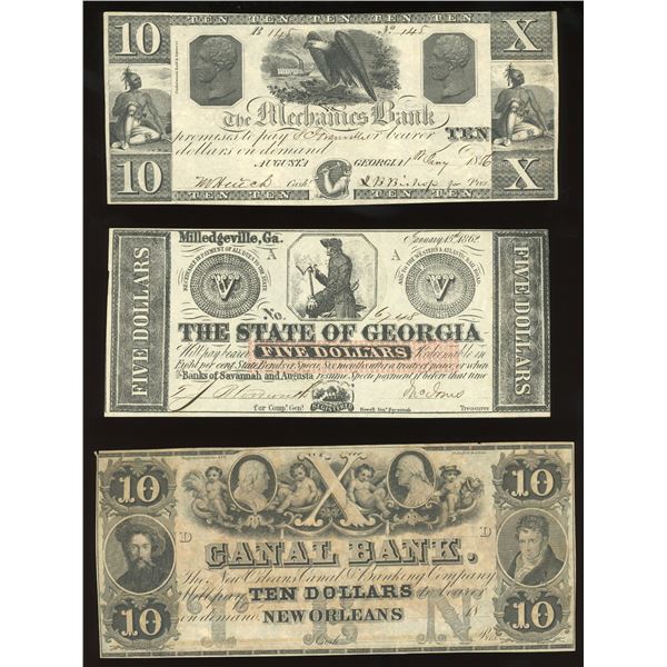 Lot of three Southern obsolete notes: Augusta, Georgia, Mechanics Bank, $10, Jan. 1, 1856, serial 14