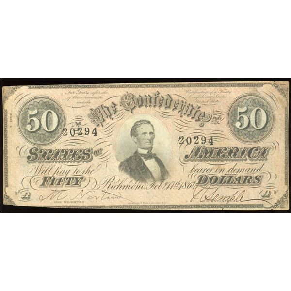 Richmond, Confederate States, $50, Feb. 17, 1864, plate wA-Aw, serial 20294.