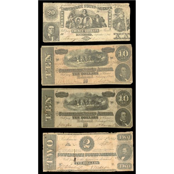 Lot of four Richmond, Confederate States notes: $20, Sept. 2, 1861; $10, Feb. 17, 1864; $10, Feb. 17