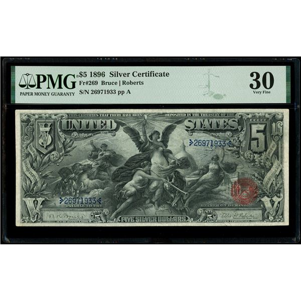 USA, $5 silver certificate, series of 1896, serial 26971933, Bruce-Roberts, PMG VF 30.