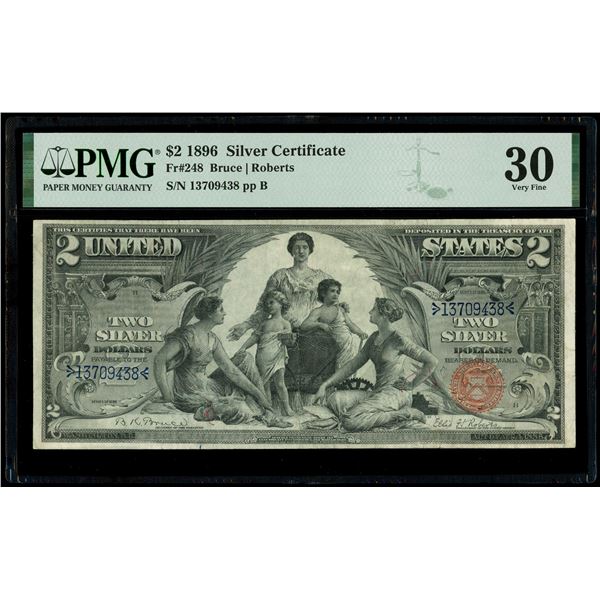 USA, $2 silver certificate, series of 1896, serial 13709438, Bruce-Roberts, PMG VF 30.