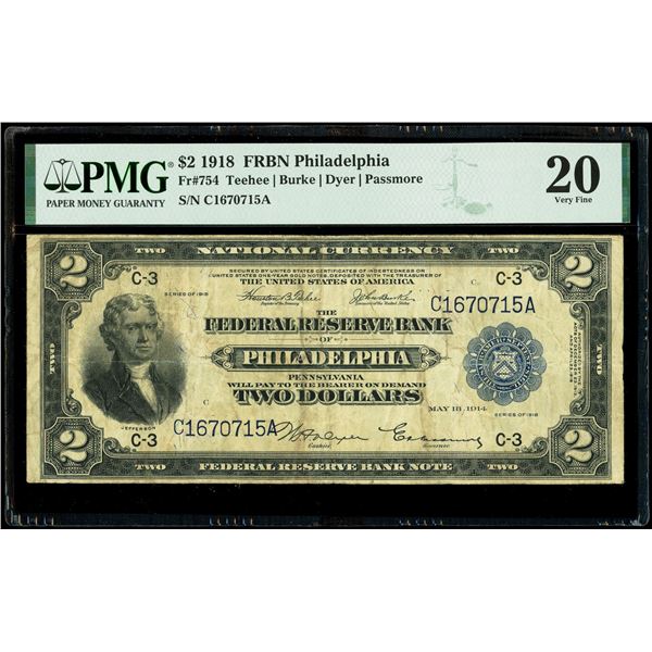 USA, FRB of Philadelphia, $2 Federal Reserve Bank Note, series of 1918, serial C1670715A, Teehee-Bur