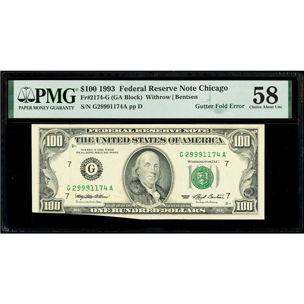 USA, FRB of Chicago, $100 Federal Reserve Note, series 1993, serial G29991174A, with gutter fold err