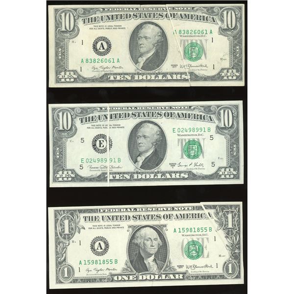Lot of three USA, Federal Reserve Notes, with gutter fold errors: $10, series 1969C; $10, series 197