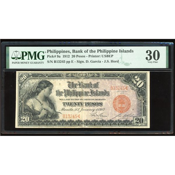 Manila, Philippines, Bank of the Philippine Islands, 20 pesos, Jan. 1, 1912, serial B13245, signatur