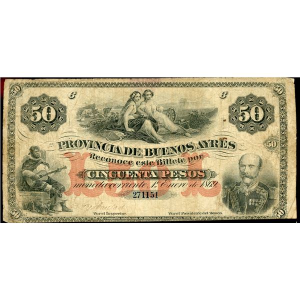 Buenos Aires, Argentina, Provincia de Buenos Ayres, 50 pesos, 1-1-1869, serial 271151.