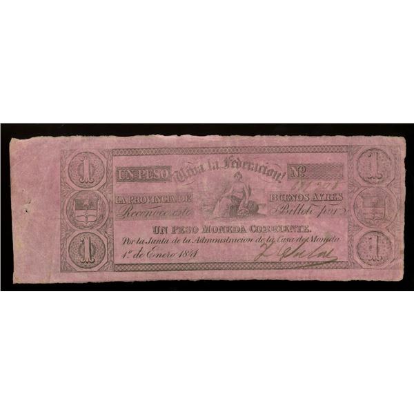 Buenos Aires, Argentina, Provincia de Buenos Ayres, 1 peso moneda corriente, 1-1-1841, serial 681290