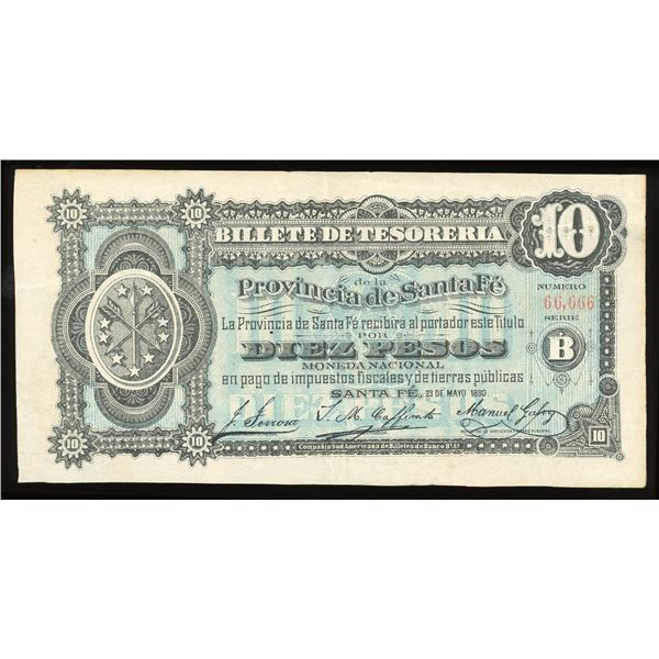 Santa Fe, Argentina, Provincia de Santa Fe, 10 pesos, 23-5-1890, solid serial 66666.