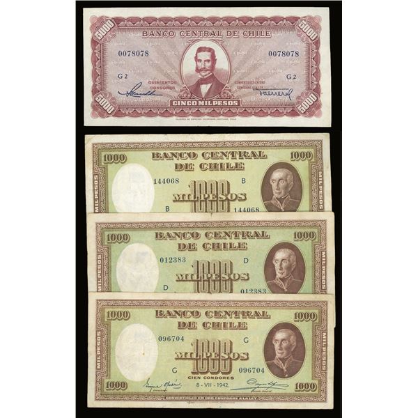 Lot of four Santiago, Chile, Banco Central notes: 5,000 pesos, (1947-59); 1,000 pesos, 1-4-1936, 24-