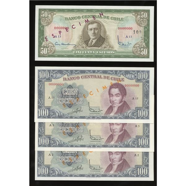 Lot of four Santiago, Chile, Banco Central, specimen notes: 100 escudos (three examples), 50 escudos