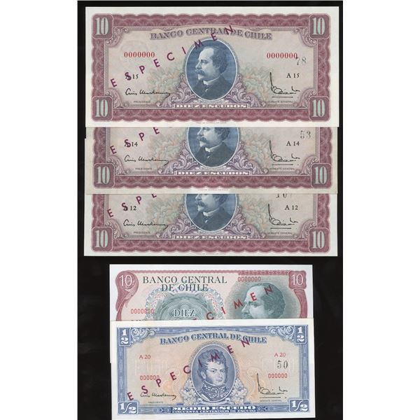 Lot of five Santiago, Chile, Banco Central, specimen notes: 10 escudos (large size, three examples),