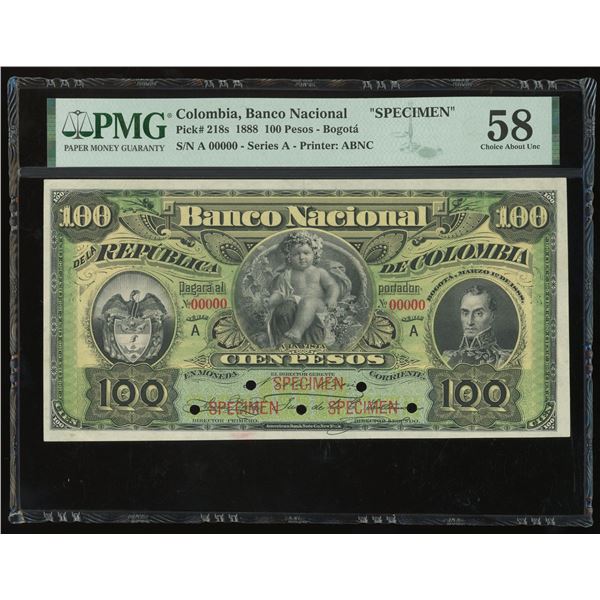 Bogota, Colombia, Banco Nacional de la Republica, 100 pesos specimen, 1-3-1888, series A, PMG Choice