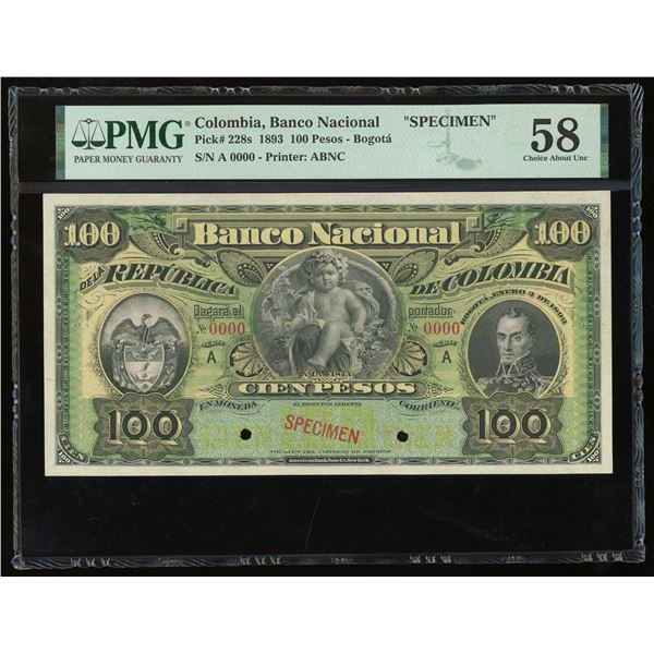 Bogota, Colombia, Banco Nacional de la Republica, 100 pesos specimen, 2-1-1893, series A, PMG Choice