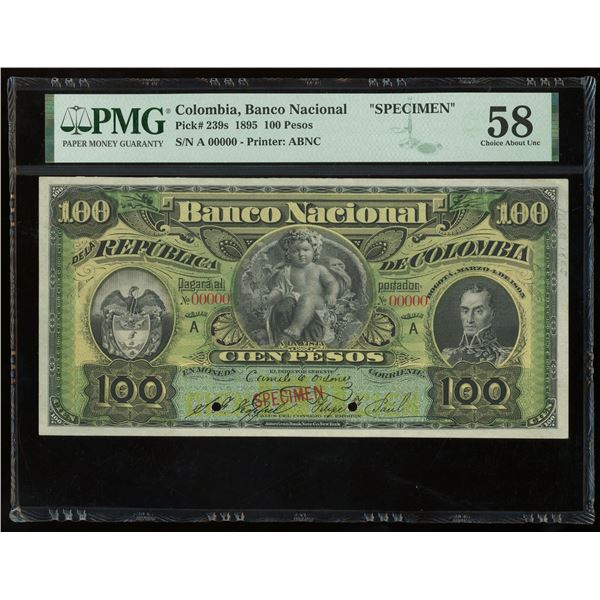 Bogota, Colombia, Banco Nacional de la Republica, 100 pesos specimen, 4-3-1895, series A, PMG Choice