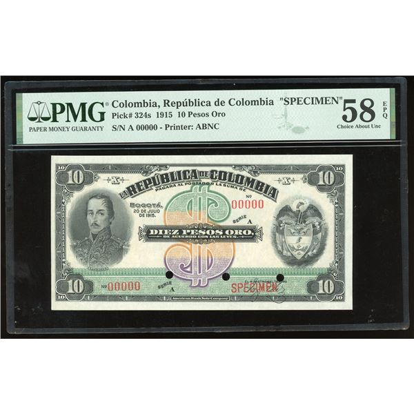Bogota, Colombia, Republica de Colombia, 10 pesos oro specimen, 20-7-1915, series A, PMG Choice AU 5