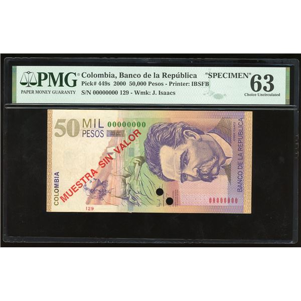 Bogota, Colombia, Banco de la Republica, 50,000 pesos specimen, 7-8-2000, PMG Choice UNC 63.