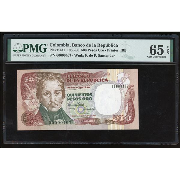 Bogota, Colombia, Banco de la Republica, 500 pesos oro, 12-10-1990, low serial number 00000407, PMG 