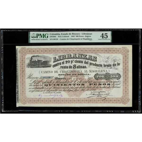 Bogota, Colombia, Camino de Chiquinquira al Magalena, 500 pesos, 24-10-1883, serial 00129, PMG Choic