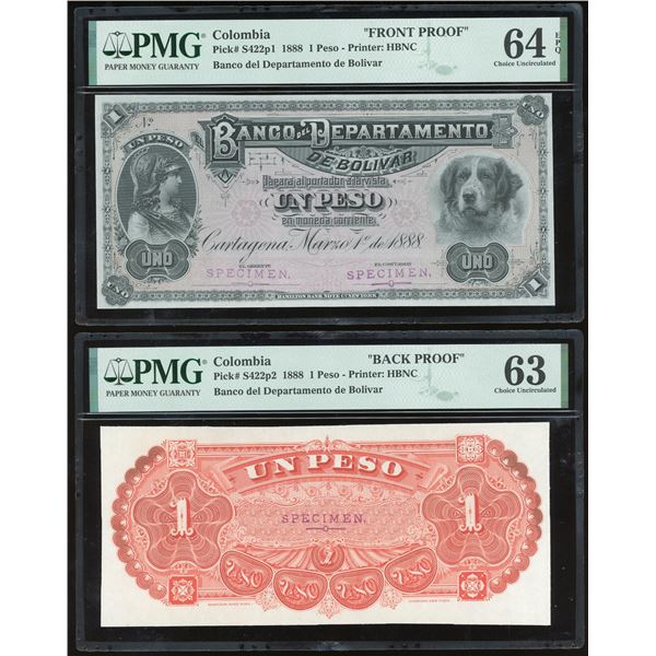 Cartagena, Colombia, Banco del Departamento de Bolivar, 1 peso front and back proofs, 1-3-1888, PMG 