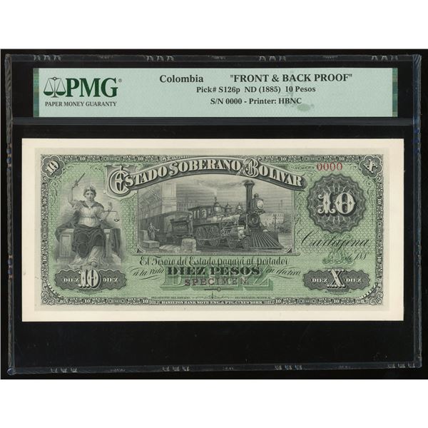 Cartagena, Colombia, Estado Soberano de Bolivar, 10 pesos front and back proofs, no date (1883-85),